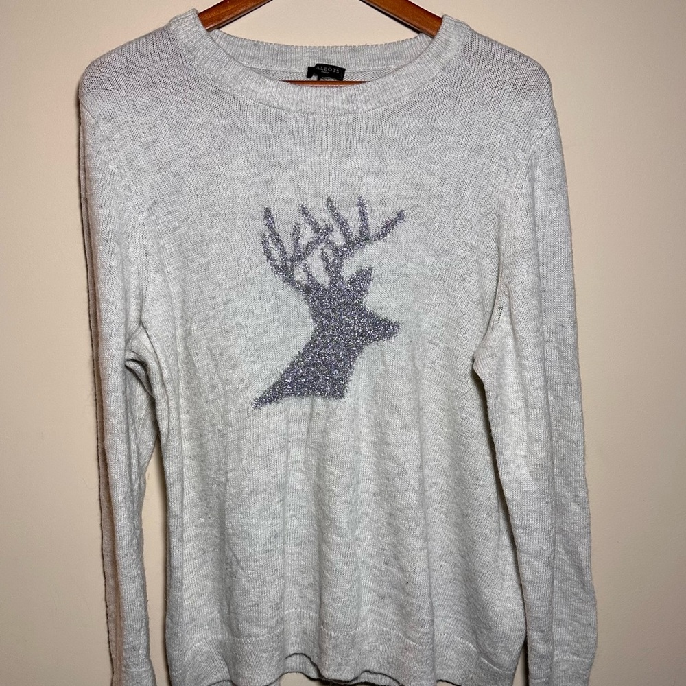 Talbots Cream Crewneck Sweater with Silver Glitter Deer Motif